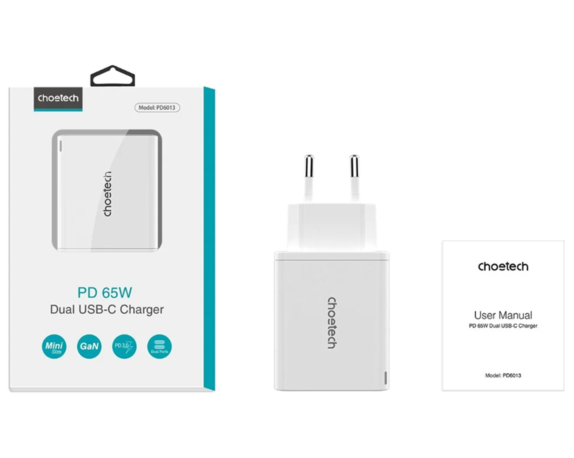 Choetech PD6013 Dual Type-C GaN PD65W Portable Wall Charger EU - Best Prices