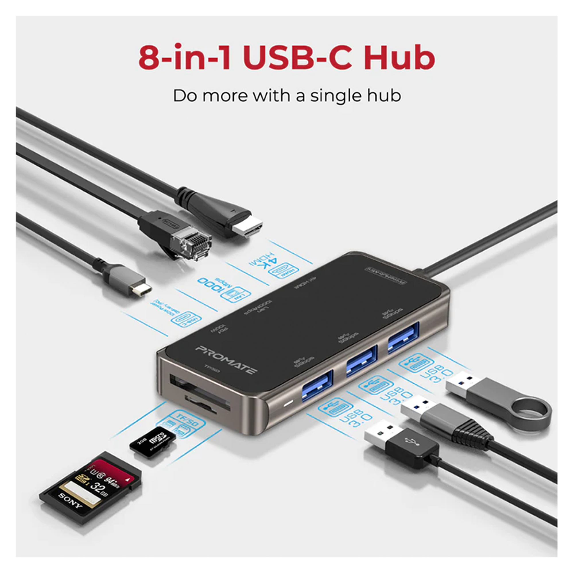 PROMATE 8 in 1 Ultra Compact Multiport Hub 100W Power Delivery - Best Prices