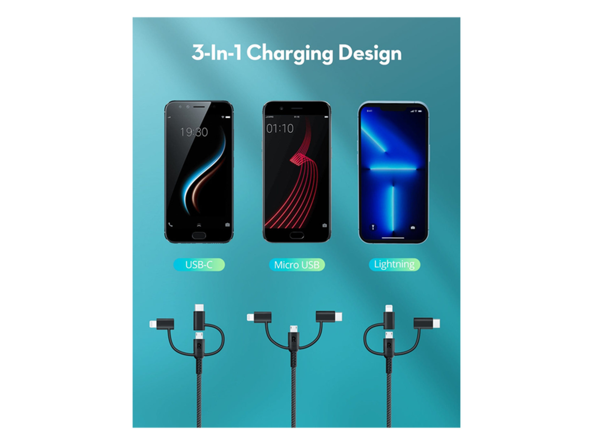 RAVPower RP-CB1033 3 in 1 Type-A To Micro+type C+lightning Cable 1.2m - Best Prices
