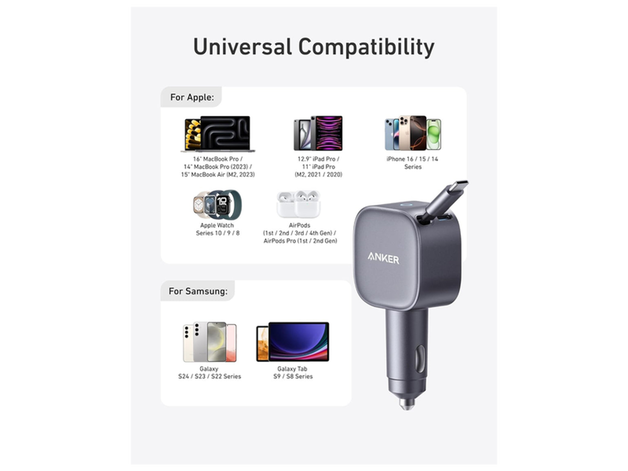 Anker Nano Car Charger 75W, USB-C Port, Built-In Retractable USB-C Cable - Best Prices