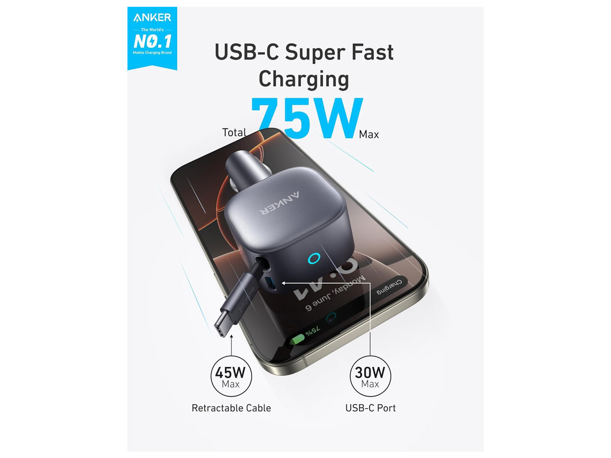 Anker Nano Car Charger 75W, USB-C Port, Built-In Retractable USB-C Cable - Best Prices