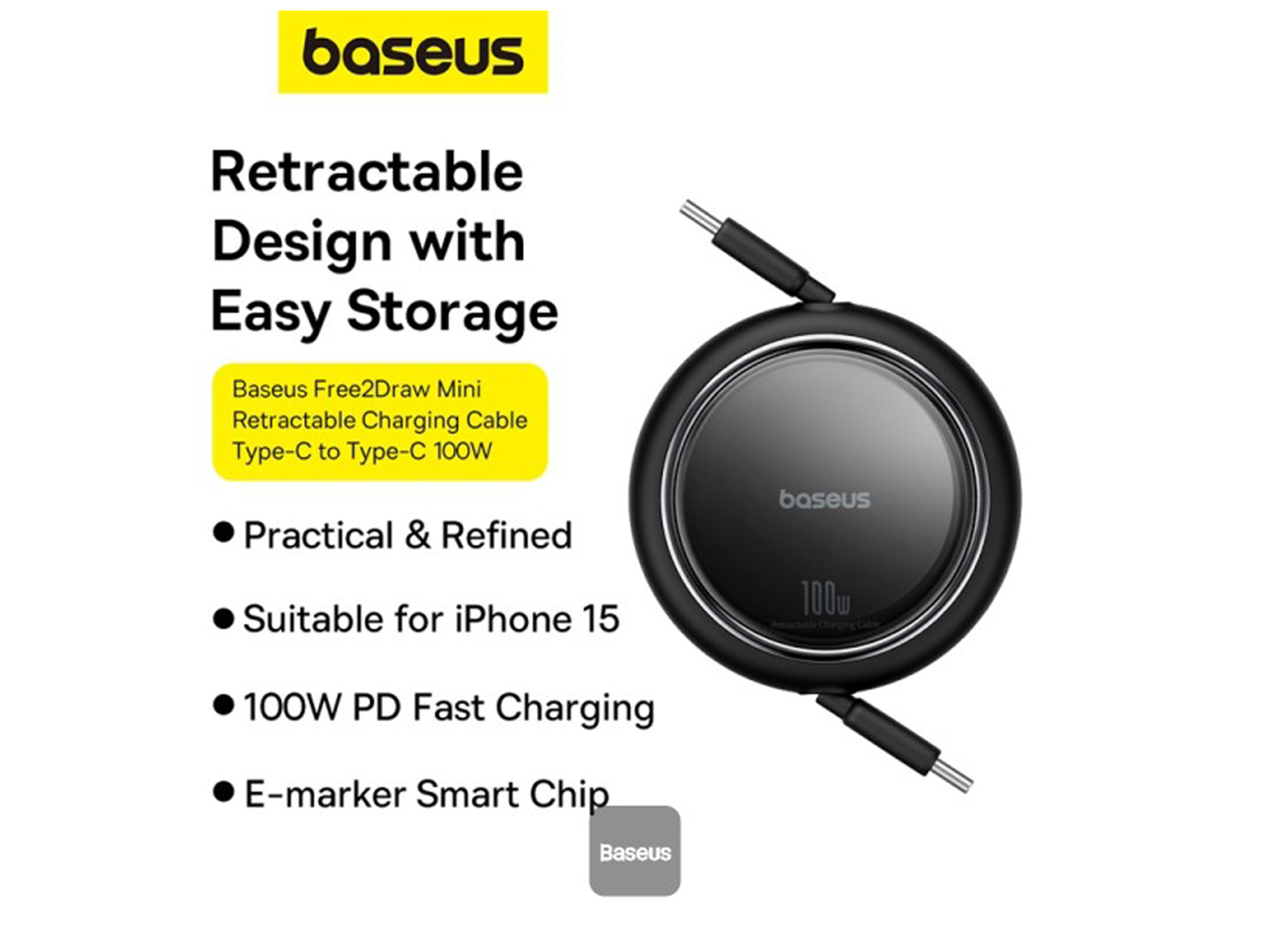 Baseus Free2Draw Mini Retractable Charging Cable Type-C to Type-C 100W 1m - Best Prices
