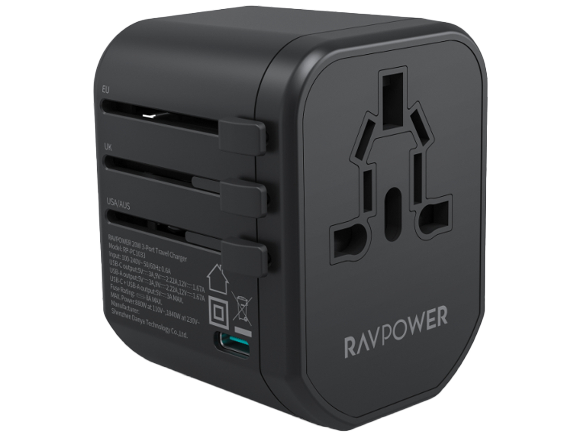 RAVPower 20W Multi-Port Travel Plug with Two USB Ports And A Type-C Port