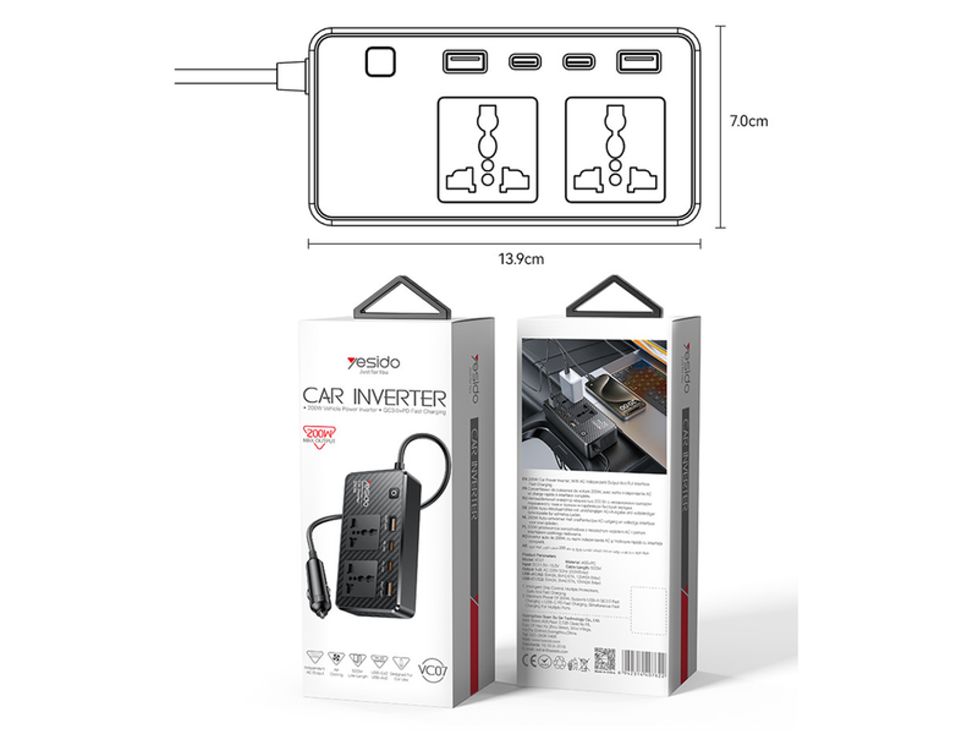 Yesido VC07 Vehicle Power Inverter 200W - Best Prices
