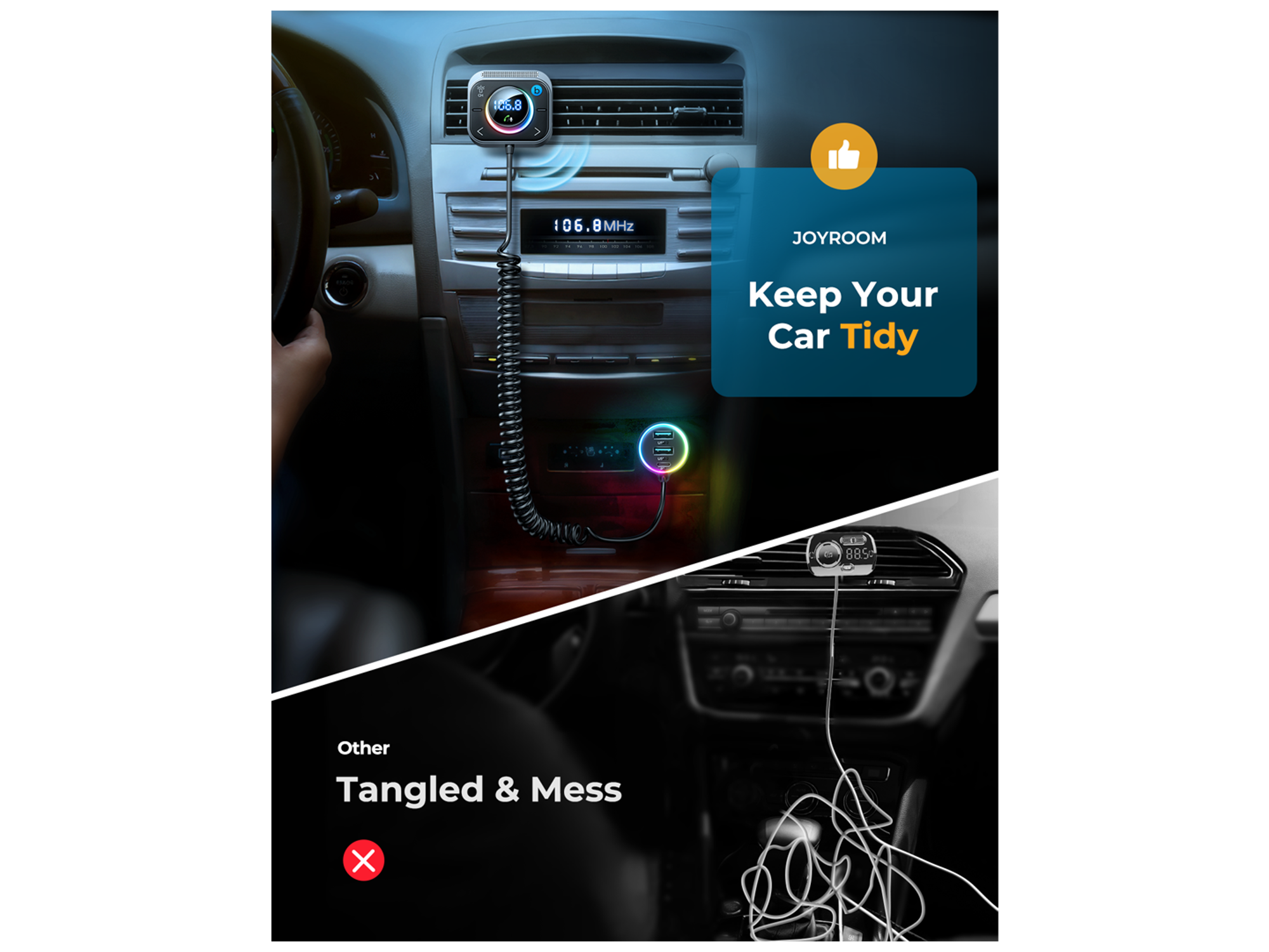 JoyRoom JR-CL18 30W PD Type-C + USB Car Charger LED Display Bluetooth Adapter FM Transmitter with Coiled Cable - Best Prices