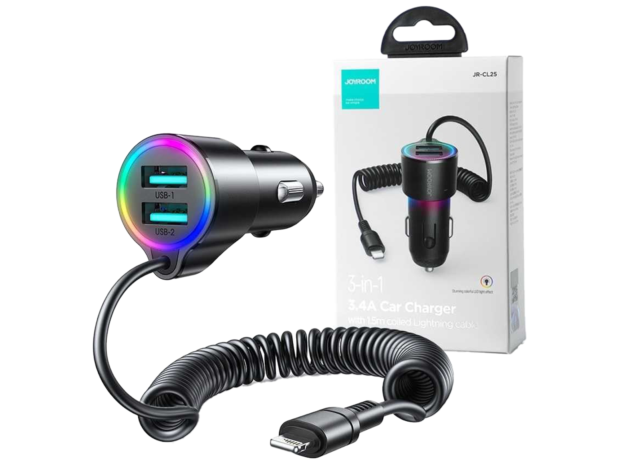 JoyRoom JR-CL25 3 in 1 Car Charger USB + Lightning cable - Best Prices