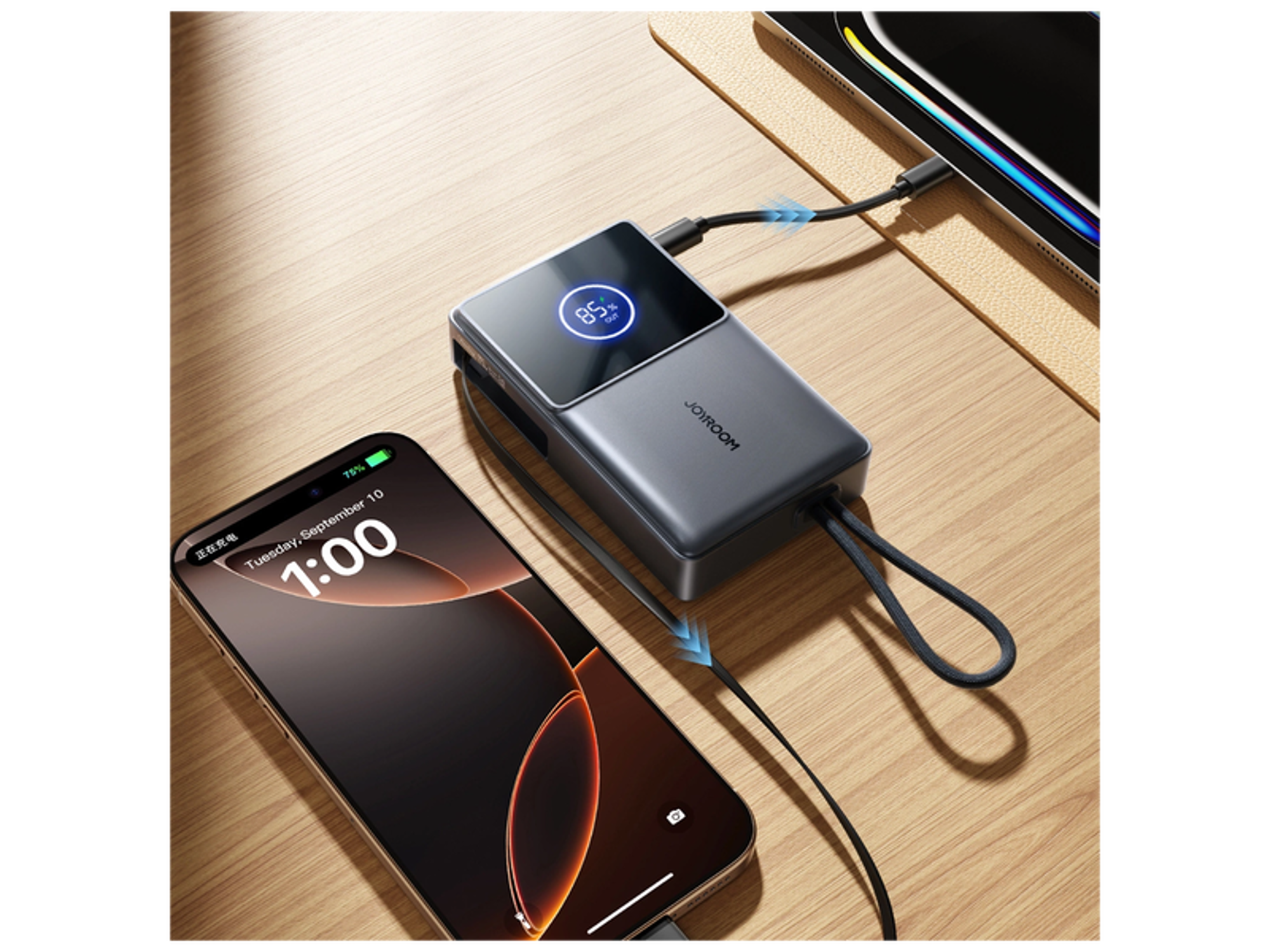 جوي روم JR-PR1 باور بانك سعة 10000 مللي أمبير/ساعة وقوة 22.5 واط مع كيبل USB-C مدمج قابل للسحب - أفضل سعر