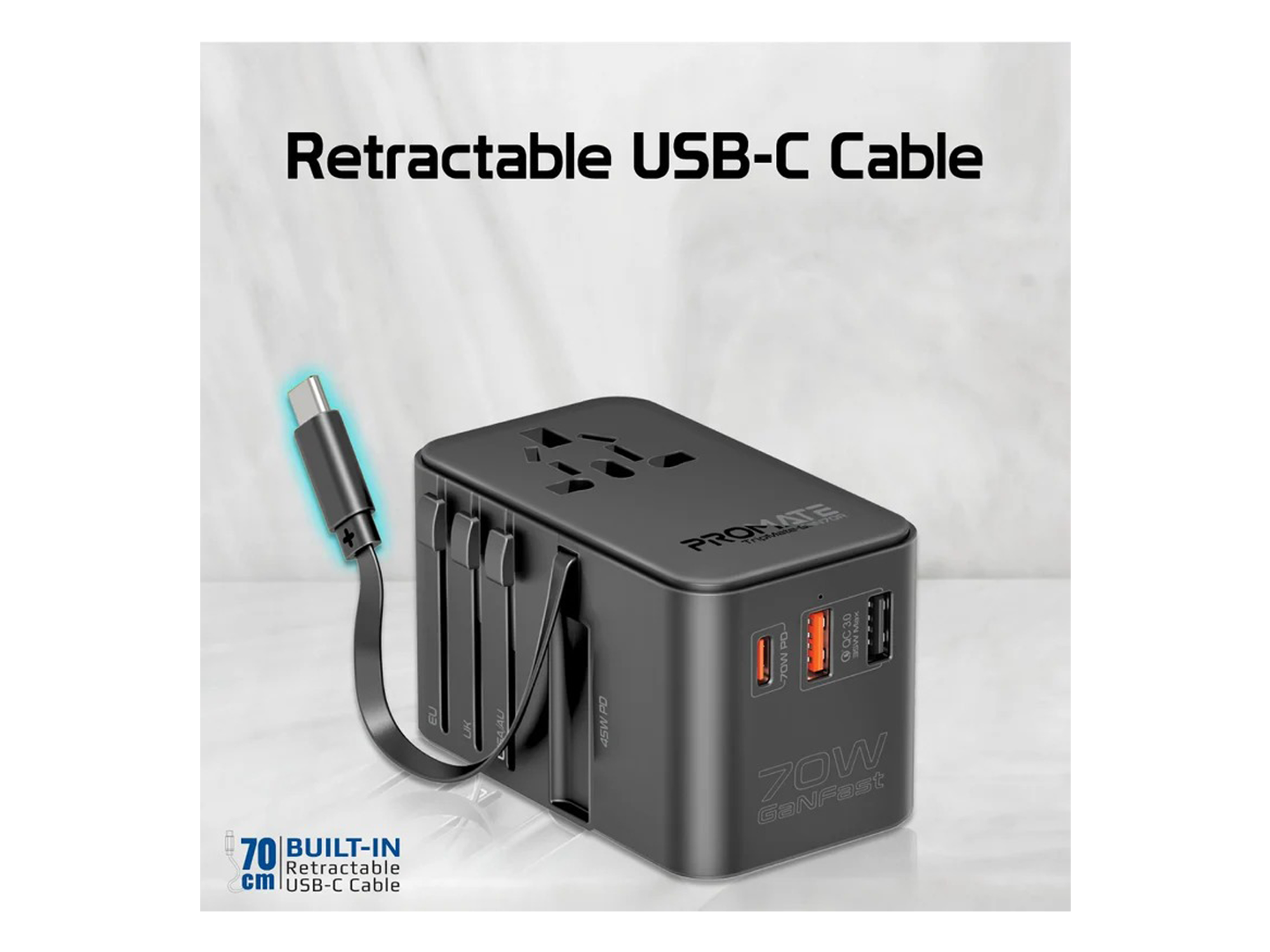 Coteci 70W GaN Universal Travel Charger With Type-C Retractable - Best Prices