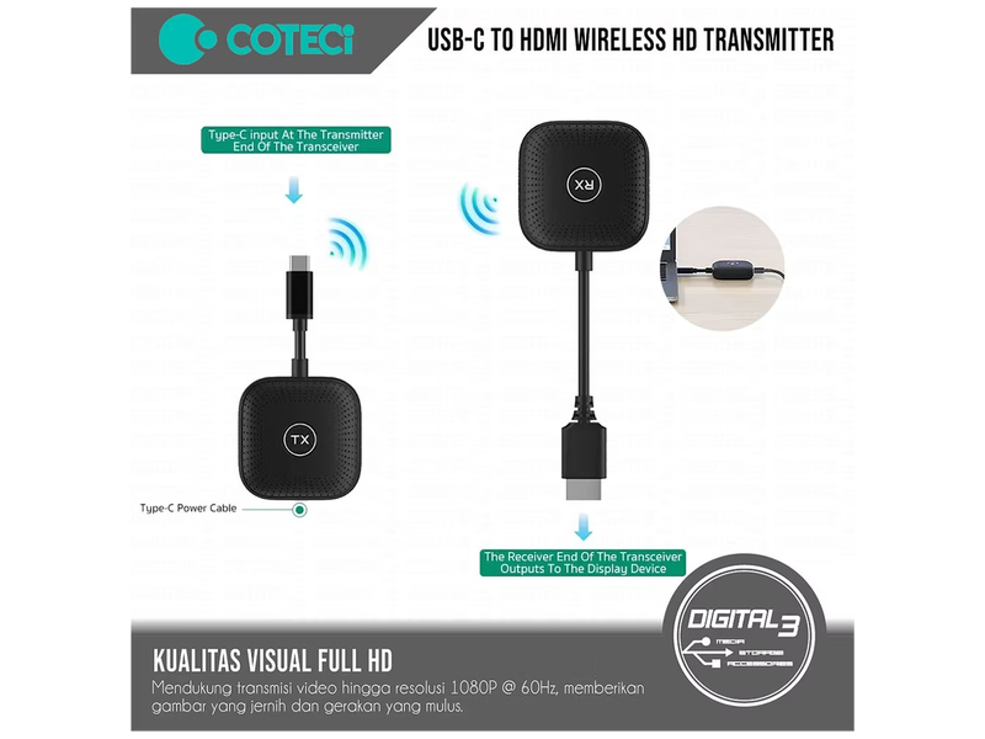 كووتي طقم جهاز إرسال واستقبال لاسلكي عالي الدقة من C إلى HDMI - أفضل سعر