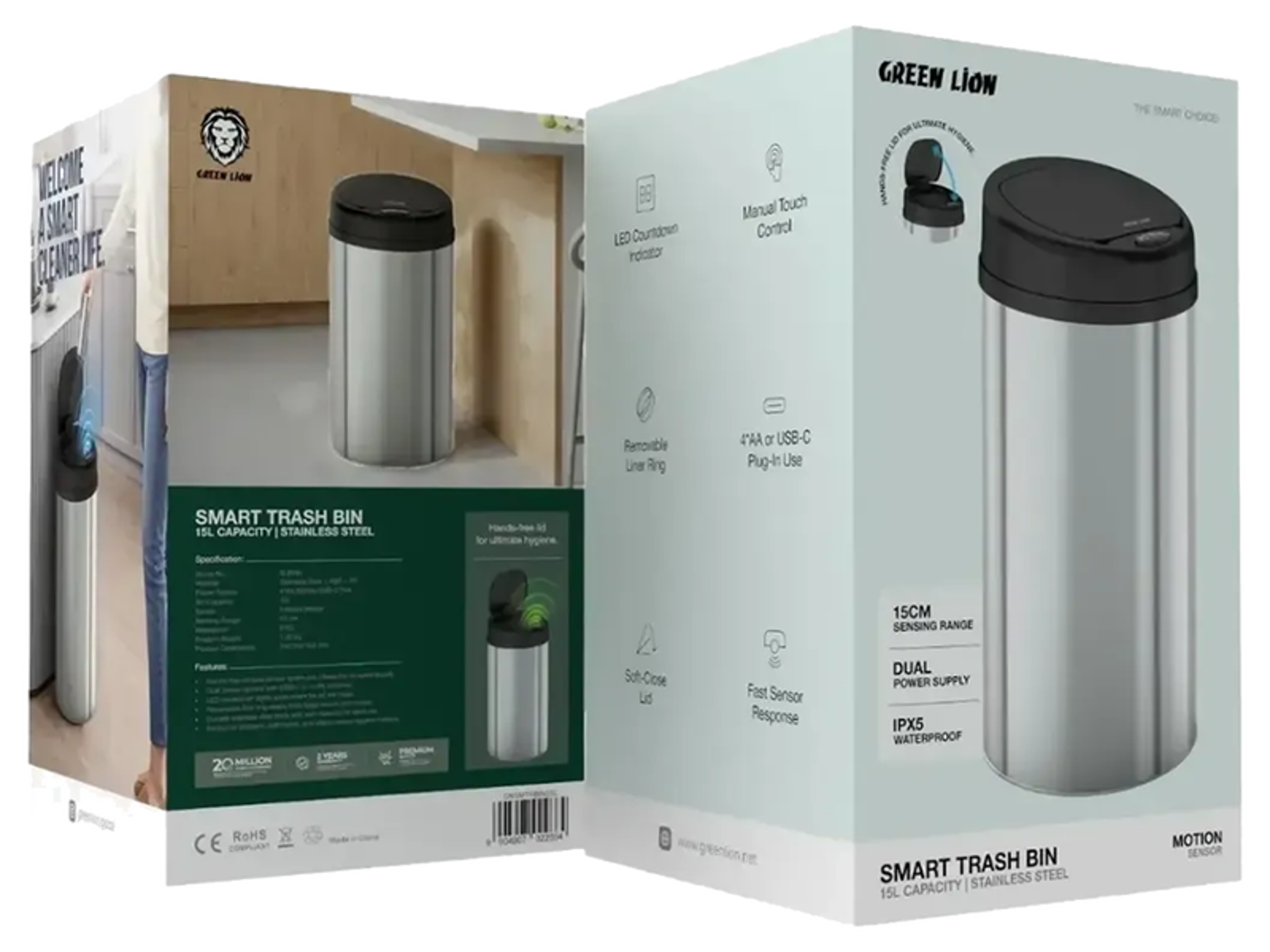 Green Lion Smart Trash Bin with 15L Capacity & Stainless Steel Material - Best Prices