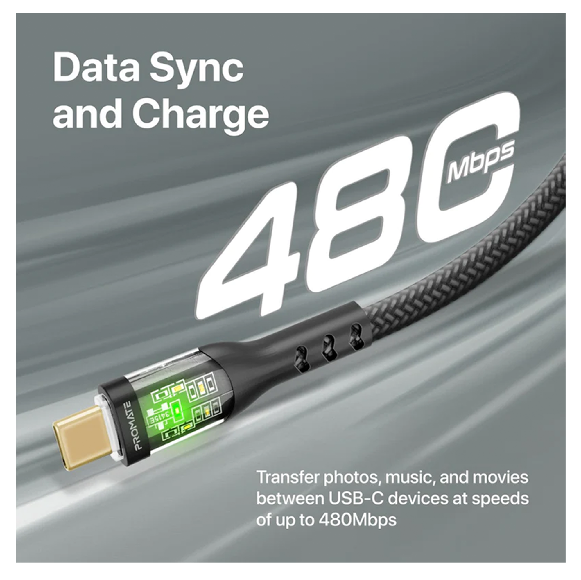 PROMATE 60W Power Delivery Ultra-Fast USB-C Cable with Transparent Shells 1.2m - Best Prices