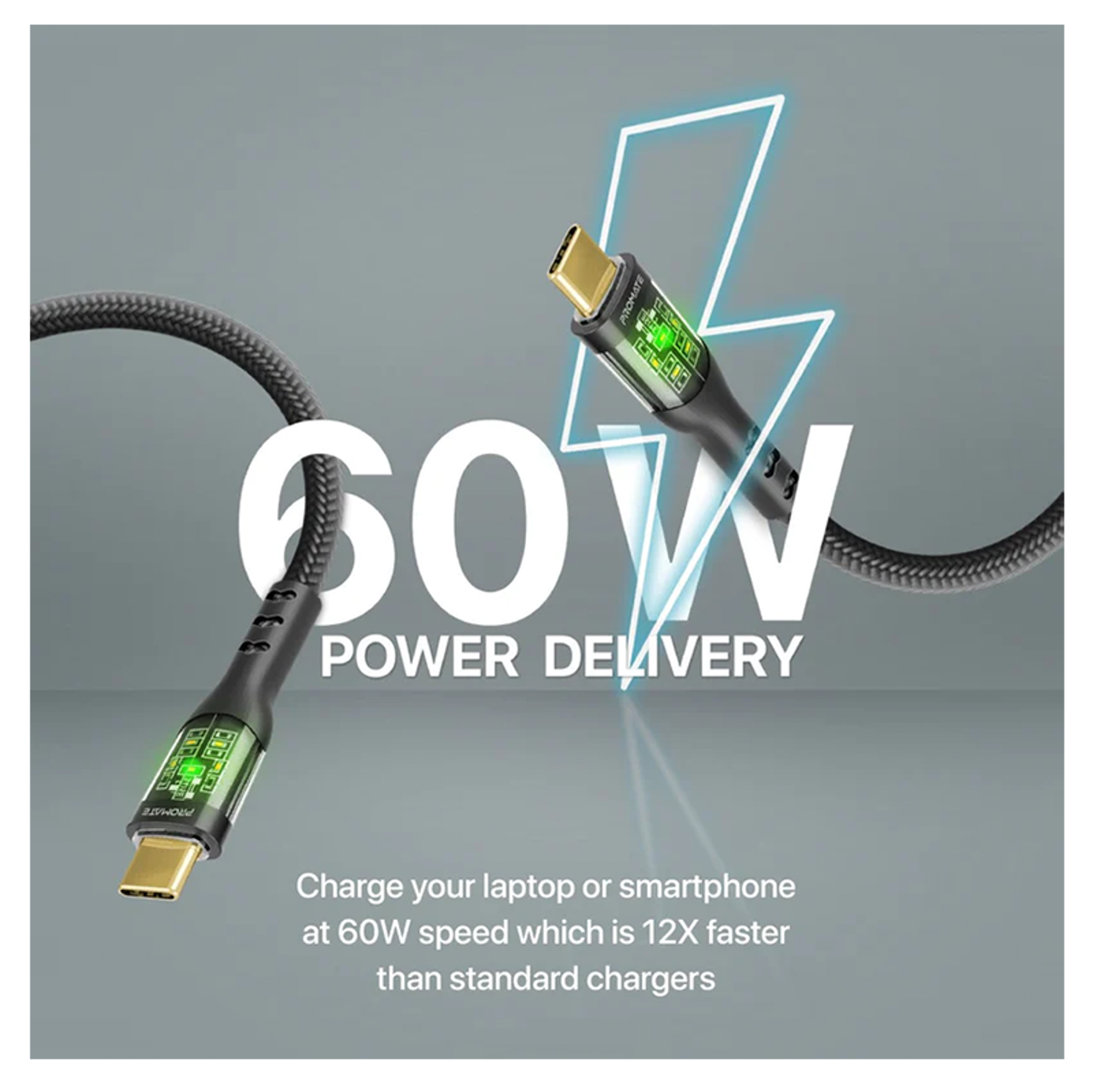 PROMATE 60W Power Delivery Ultra-Fast USB-C Cable with Transparent Shells 1.2m - Best Prices