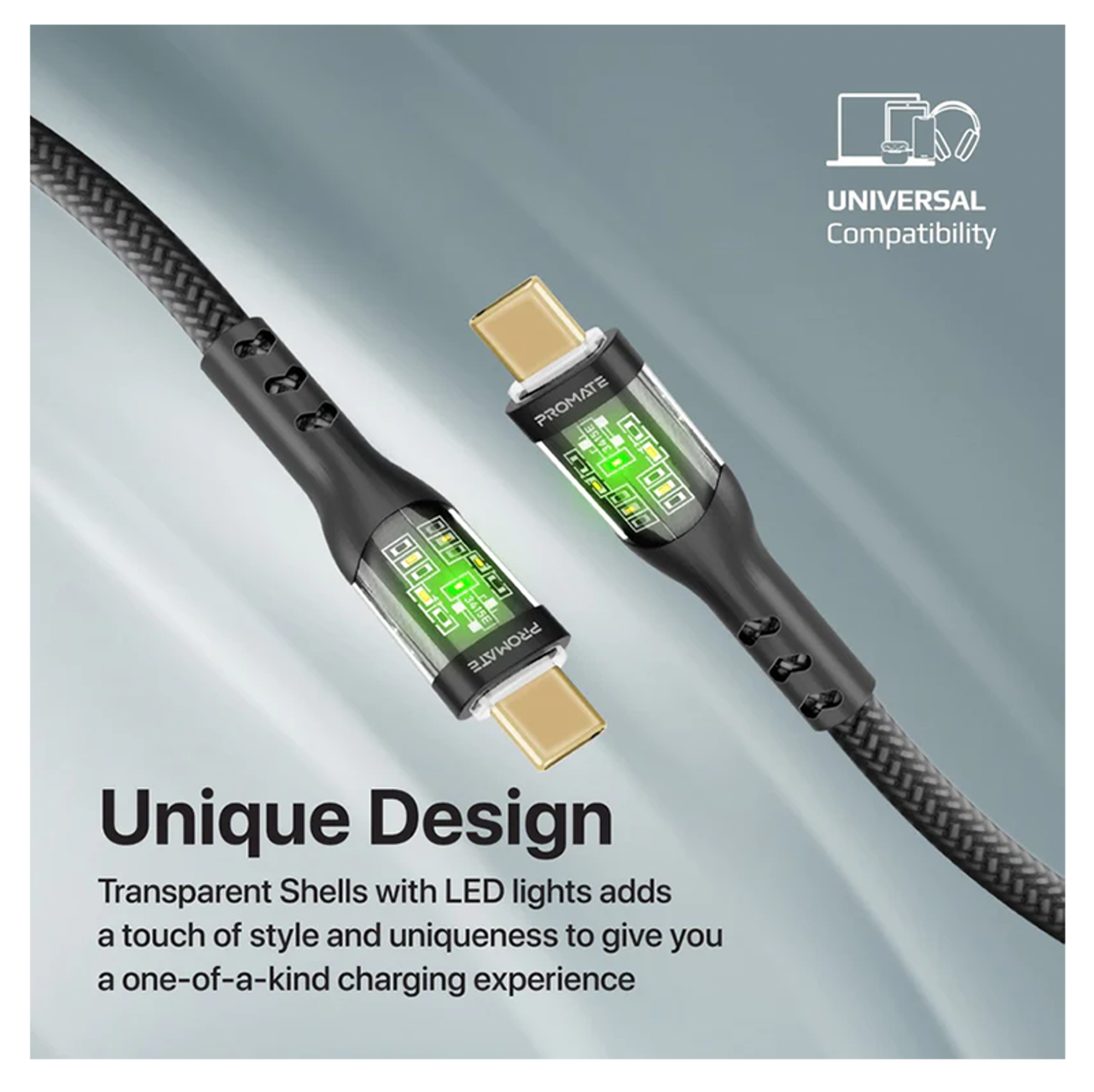 PROMATE 60W Power Delivery Ultra-Fast USB-C Cable with Transparent Shells 1.2m - Best Prices