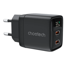 Choetech PD 35W GAN3 Dual Port Type-C Charger with LED Display - Black