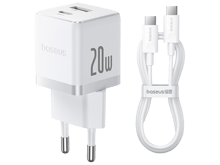 Baseus Palm Fast Charger C+U 20W EU(with Baseus Mini Cable USB-C to USB-C 60W (20V/3A) 1m) - White