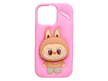 Labubu Silicon Cover with Pop-Up Stand for iPhone 16 Series - Pink