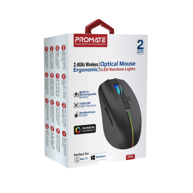 PROMATE 2.4GHz Wireless Ergonomic Optical Mouse with LED Rainbow Lights